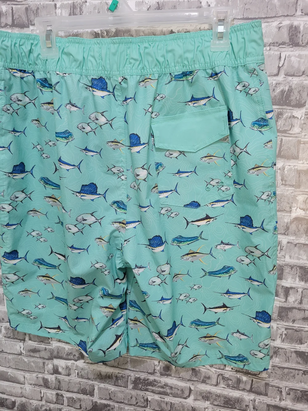 Ocean Coast Men's Mint Green Fish-Print Swim Board Shorts, Drawstring Waist Sz L